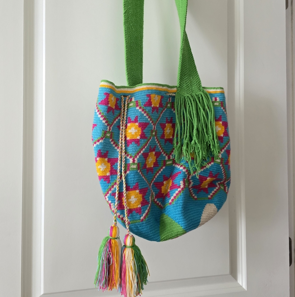 Boho Woven Bucket Bag Drawstring Crossbody Pink Blue Green Crochet